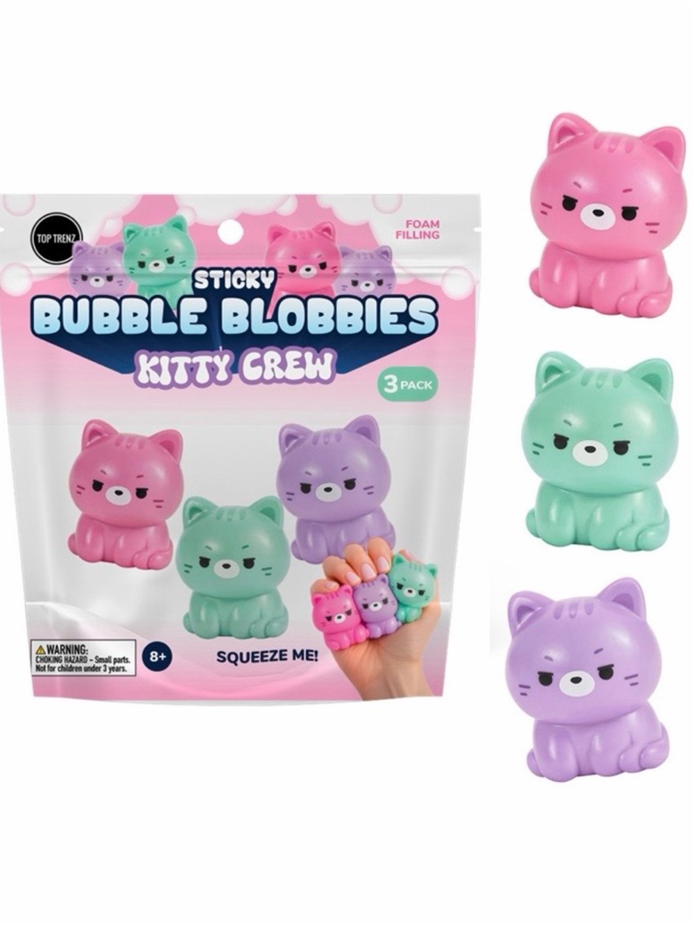 New Squishy Top Trenz Sticky Bubble Blobbies Kitty Crew 3 Kittens Cats Pink Set